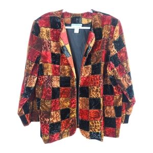 Vintage Velvet Floral Grid Open Blazer Plus Size 2X Floral Metallic Patchwork